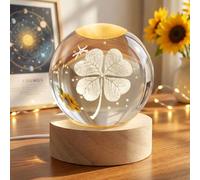 AOOTE Boule de cristal 3D Trèfle à quatre feuilles, boule décorative en verre avec socle en bois et lumière, interface USB interrupteur, ornement pour la décoration intérieure,cadeau d'anniversaire