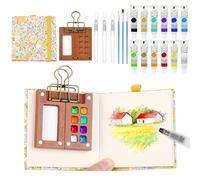 AOOTE Kit Aquarelle Miniature Voyage,12 Couleurs Mini kit de Peinture Aquarelle de Voyage,6 pièces Palette d'Aquarell Portable avec 8 grilles,Papier Aquarelles, Clip & Carnet de Croquis(Jaune)