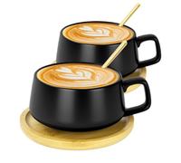 AOOTE Lot de 2 Tasses à Cappuccino avec soucoupe,320ml Ensemble Tasses à Expresso en Grès,set de tasses et soucoupes,tasses à café avec disque en bois pour café, cappuccino,thé(Noir mat)
