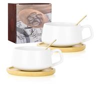 AOOTE Lot de 2 Tasses à Cappuccino avec soucoupe,320ml Ensemble Tasses à Expresso en Grès,set de tasses et soucoupes,tasses à café avec disque en bois pour café, cappuccino,thé(Blanc)