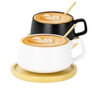AOOTE Lot de 2 Tasses à Cappuccino avec soucoupe,320ml Ensemble Tasses à Expresso en Grès,set de tasses et soucoupes,tasses à café avec disque en bois pour café, cappuccino,thé(Noir et blanc)