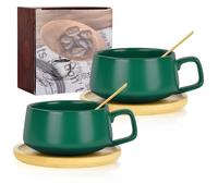 AOOTE Lot de 2 Tasses à Cappuccino avec soucoupe,320ml Ensemble Tasses à Expresso en Grès,set de tasses et soucoupes,tasses à café avec disque en bois pour café, cappuccino,thé(Vert)