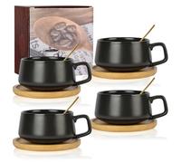 AOOTE Lot de 4 Tasses à Cappuccino avec soucoupe,280ml Ensemble Tasses à Expresso en Grès,set de tasses et soucoupes,tasses à café avec disque en bois pour café, cappuccino,thé(Noir mat)