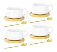 AOOTE Lot de 4 Tasses à Cappuccino avec soucoupe,320ml Ensemble Tasses à Expresso en Grès,set de tasses et soucoupes,tasses à café avec disque en bois pour café, cappuccino,thé(Blanc)