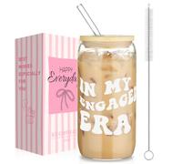 AOOTE Verre à Bière avec Couvercle en Bambou, 500ml Verres Canette avec Paille et Brosse, Verre de Fiançailles avec Paille, pour Thé, Coca, Jus, Soda, Smoothie, Café Glacé, Lait