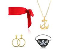 AOOTUERL Lot de 4 accessoires de costume de pirate, foulard rouge, bandana, cache-œil, boucles d'oreilles, collier de cosplay doré, pour homme et femme, adulte
