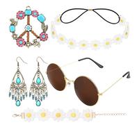 AOOWU Accessoires hippie, 5PCS Années 70 80 Hippie Accessoires Femmes avec Lunettes hippie, boucles d'oreilles, bandeau fleuri, bracelet, pour Fête à thème de Hippie