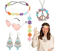 AOOWU Accessoires hippie, 5PCS Années 70 80 Hippie Accessoires Femmes avec Lunettes hippie, boucles d'oreilles, bandeau fleuri, bracelet, pour Fête à thème de Hippie