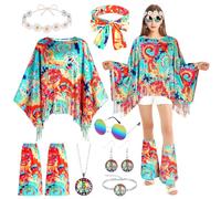 AOOWU Costume Hippie Pour Femme, Set De 10 Ensemble De Costume Hippie Des Années 70, Deguisement Hippie Avec Cape, 2pcs Surbottes, Lunettes De Soleil, 2 Bandeaux, Boucles d'Oreilles, Collier, Bracelet