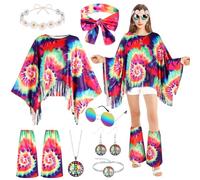 AOOWU Costume Hippie Pour Femme, Set De 10 Ensemble De Costume Hippie Des Années 70, Deguisement Hippie Avec Cape, 2pcs Surbottes, Lunettes De Soleil, 2 Bandeaux, Boucles d'Oreilles, Collier, Bracelet