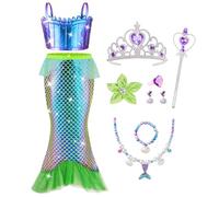 AOOWU Deguisement Robe Petite Sirene Ariel, 10PCS Ariel Costume de Sirène pour Fille, Costume Princesse Ariel avec Couronne Baguette Magique bijoux, pour Filles fête d'anniversaire Halloween Carnaval