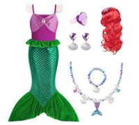 AOOWU Deguisement Robe Petite Sirene Princesse Ariel Costume avec Perruque, Ariel Robe Inclus Couronne avec collier bracelet bague boucles d'oreilles pour fête d'anniversaire Halloween Carnaval