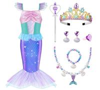 AOOWU Deguisement Robe Princesse Ariel Costume de Sirène pour Enfant Fille, Ariel Robe avec Couronne Baguette Magique bijoux, Deguisement Sirene pour Filles fête d'anniversaire Halloween Carnaval