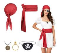 AOOWU Ensemble Accessoires Pirate, 5PCS Déguisement Pirate Bandana Médiéval | avec Bandana, Ceinture, Cache-œil, boucles d'oreilles et Collier, pour Halloween, Carnaval, Festival et Soirée à Thème