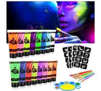 AOOWU Peinture Visage Corps Kit 27PCS, Peinture Corporelle, 16 * 10 ml UV Glow tubes de peinture fluorescente pour le visage et le corps, Halloween Noël Maquillage Fluo
