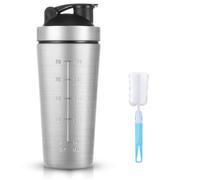 AOOWU Shaker à protéines en acier inoxydable, 900 ml, avec graduation, balle de mixage et brosse en mousse, Shakers - Sans BPA, anti-fuite, durable et sans odeur, pour protéines, régime, milk-shakes