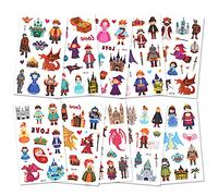 AOOWU Tatouage Temporaire pour Enfant, 10Pcs Briller Etanche Tatouage Ephémère Kit Tatoo, Château Princesse Prince Roi Charizard Sorcière, Cadea Décoration De Fête Garçon Fille