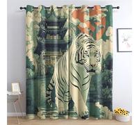 AopKrymth Rideau Occultant Tigre Blanc, Lot de 2 Rideaux Architecture Japonaise, Thermique Isolant Anti Froid et Chaleur, Draperies Intérieurs Decoration pour Chambre Salon, à Oeillets 140x260 cm