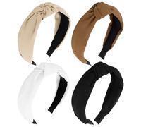 AOPRIE Lot de 4 bandeaux pour femmes avec nœuds pour filles, bandeaux de cheveux pour femmes, turban de couleur unie, turban large pour femme, noir, blanc, beige
