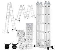 Aopunly 6 en 1 Echelle polyvalente Echelle articulée en aluminium Echelle pliante 470cm Echelle multifonctions Echelle en aluminium Avec plateforme Jusqu'à 150KG 4 X 4 marches Argent