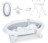 Aopunly Baignoire de bébé avec support 85cm - Baignoire de bébé pliable avec bouchons&coussin de bain,Gris