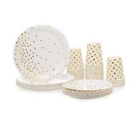Aoresac Assiette Jetable Doré 30 Invités Kit, 30 Gobelets en Papier 9oz, 30 Assiettes à Dessert 7po, 30 Assiettes à Dîner 9po, 90 Pièces Vaisselle Jetable pour Anniversaire Fêtes Party Mariages