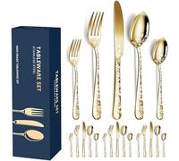 Aoresac Ensemble de couverts 4 personnes, 20 pièces en acier inoxydable, motif poli, avec miroir de fleurs, y compris couteau, fourchette, cuillères à café pour cuisine restaurant fête (Or1)