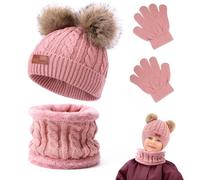 Aoreun 3 en 1 Ensemble Bonnet, Chaud écharpe et Gants Bonnet Ensemble pour Enfants, Double Polaire Bonnets Tricotés avec Pompon et Snood Gant, Hiver Accessoires Ensemble Set pour Garçons Filles
