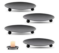 Aoreun 4 Pièces Bougeoir Noir Rond, Porte-Bougie Pilier en Métal, Plaque de Chandelier Vintage, Support Bougie Décoratif pour Noël, Mariage, Halloween, Fête et Dîner
