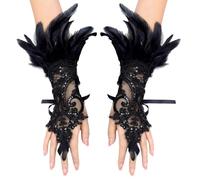 Aoreun Gant a Plume Malefique Gants Dentelle Noire Deguisement, Gants Sans Doigts en Dentelle Plume Gothique Gants Dentelle Rétro Manchette Plume Poignet Sans Doigts Gants Plume pour Fêtes, Cosplay