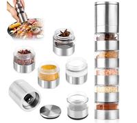 Aoreun Lot d'épices de voyage 5 en 1 avec moulin à épices - En acier inoxydable - Portable - Mini pots à épices avec couvercle - Mini salière - Boîtes à épices pour voyage, pique-nique, barbecue,