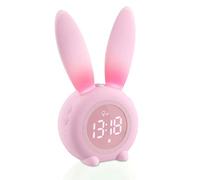 Aoreun Réveil Enfant, Réveil Lumineux Lapin Mignon pour Enfants, Lampe Chevet Fonction Snooze, Affichage Automatique Temps/Date/Température, veilleuse, Cadeau fête pour Enfants, Filles - Rose