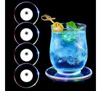 Aoreun sous-Verres à LED, Lot de 4 sous-Verres Rond colorés à LED pour Boissons, Bouton on/Off - Dessous de Verre en Acrylique étanche, pour fête Mariage Bar Noël