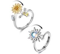 AORHOFJ 2Pcs Bague Anti Stress Femme, Argent Tournesol Spinner Ajustement Anxiété Pierre de Lune Réglable Ouverts Fidget pour Femme