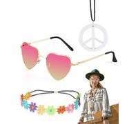 AORHOFJ 3PCS Set d'Accessoires De Costume Hippie, Deguisement Hippie Femme, Accessoire Hippie, Lunettes Rondes Rétro Hippie Vintage, Bandeau Bohème, Bandeau De Fleurs,Peace and Love