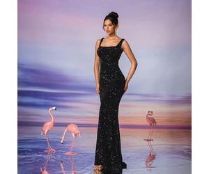 AOSHABABI Éternel Classique - Recréer la beauté élégante de l'ère Herben, robe de soirée formelle fourreau en velours à col carré gris avec sequins. Convient pour toutes les occasions formelles, invit