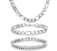 Aospkle 3 Pcs Figaro Collier Bracelet Cubain, Argent Solide 316L Acier Inoxydable Cubain ChaîNe Figaro Hommes Collier Ensemble De Bijoux Avec Carte Cadeau 8mm, 21cm