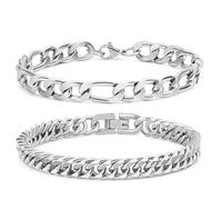 Aospkle Bracelets Pour Homme, Ensemble De Deux PièCes ChaîNe Cubaine Figaro Bracelet Argent Solide 316L ChaîNe Cubaine Hommes Ensemble De Bijoux Avec Carte - Cadeau 8mm 21cm