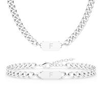Aospkle Lot de 2 colliers et bracelets avec pendentif lettre initiale cubaine A-Z en argent pour homme et femme, Acier inoxydable, Pas de gemme