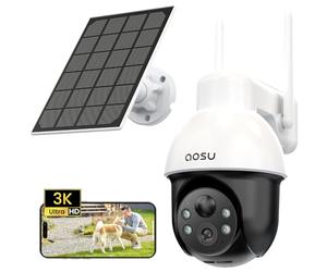 aosu 3K Caméra Surveillance WiFi Exterieure sans Fil, 5MP Camera Exterieur Solaire, 360° PTZ Suivi Automatique, Détection IA Personne/Véhicule, Vision Nocturne Couleurs Alarme Lumineuse & Sonore