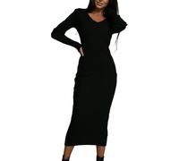 Aosufei Robe en Maille CôTeléE pour Femmes Robe à Manches Longues Et Col en V Robes Pull-Over De Couleur Unie (Le Noir,XL)
