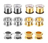 Aotiwe 12 Pièce Écarteur Oreille Homme, Écarteur Oreilles Boucles d'oreilles en Argent Doré avec Zircon Cubique Blanc 6mm 2G Acier Inoxydable Piercing Kit