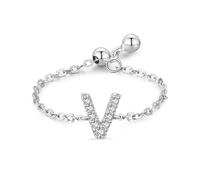 Aotiwe Alliance Mariage, Bague Femme Vintage Argent Anneau de Chaîne Réglable avec Lettre Anglaise V avec Rond Blanc Oxyde de Zirconium Argent 925 Taille Ajustable