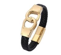 Aotiwe Bracelet Fantaisie, Bracelet Or Plaqué Noir Menottes en Corde Tressée Cuir en Acier Inoxydable 18.5cm