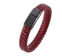 Aotiwe Bracelet Jonc Homme, Bracelet Noir Chaine Rouge Foncé Cordon Tressé À Boucle Magnétique de Style Simple Cuir en Acier Inoxydable 18.5cm