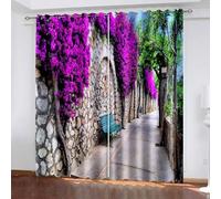 Aotiwe Rideau Court Boheme, Rideau pour Fenetre de Cuisine Violet Vert Gris Fleurs, Arbres, Mur de Pierre et Chemin Paysager Polyester 2 Panneaux 488x244cm