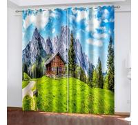 Aotiwe Rideau de Fenetre Occultant, Rideau Salon ete Vert Gris Bleu Maison en Bois Paysage de forêt de Montagne Polyester 2 Panneaux 304x214cm