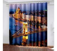 Aotiwe Rideau Fenetre Grenier, Rideau Fenetre Boheme Bleu Orange Jaune Paysage Nocturne du Bâtiment du Pont de La Ville Polyester Lot de 2 172x183cm