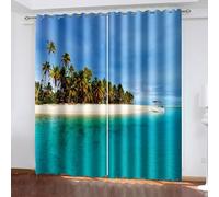 Aotiwe Rideau Opaque Occultant Salon, Rideau Occultant Leger Bleu Vert Beige Paysage Marin avec Palmiers et Îles Polyester 2 Panneaux 264x274cm
