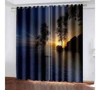 Aotiwe Rideau Salon ete, Rideau Occultant Chambre Bleu Foncé Gris Noir Paysage de Lever de Soleil sur La Mer Polyester 2 Panneaux 428x183cm